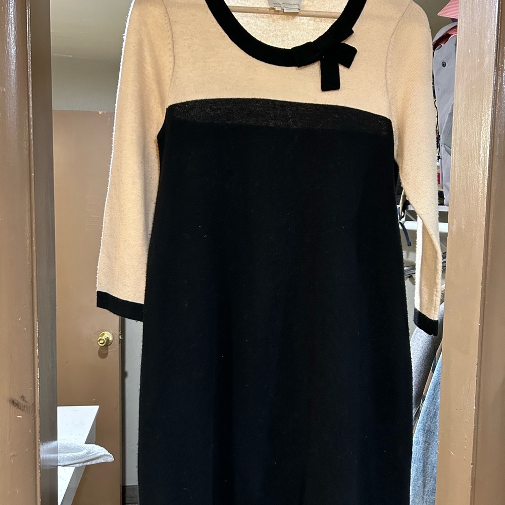 Kate Spade Black and Cream Midi Dress with 3/4 Sleeves and Peter Pan Collar